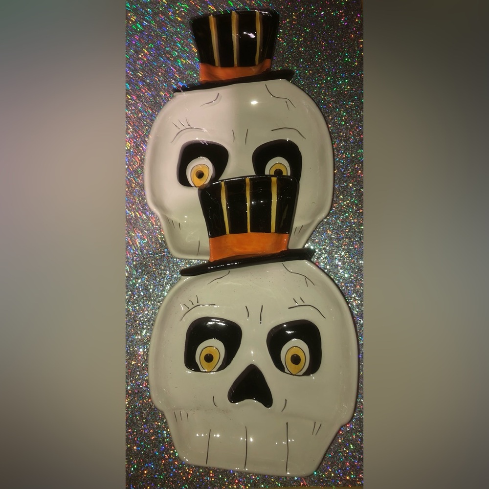 ‼️ 2 Ceramic Skull Serving Dishes / dinner dishes Top Hat ‼️ Transpac
